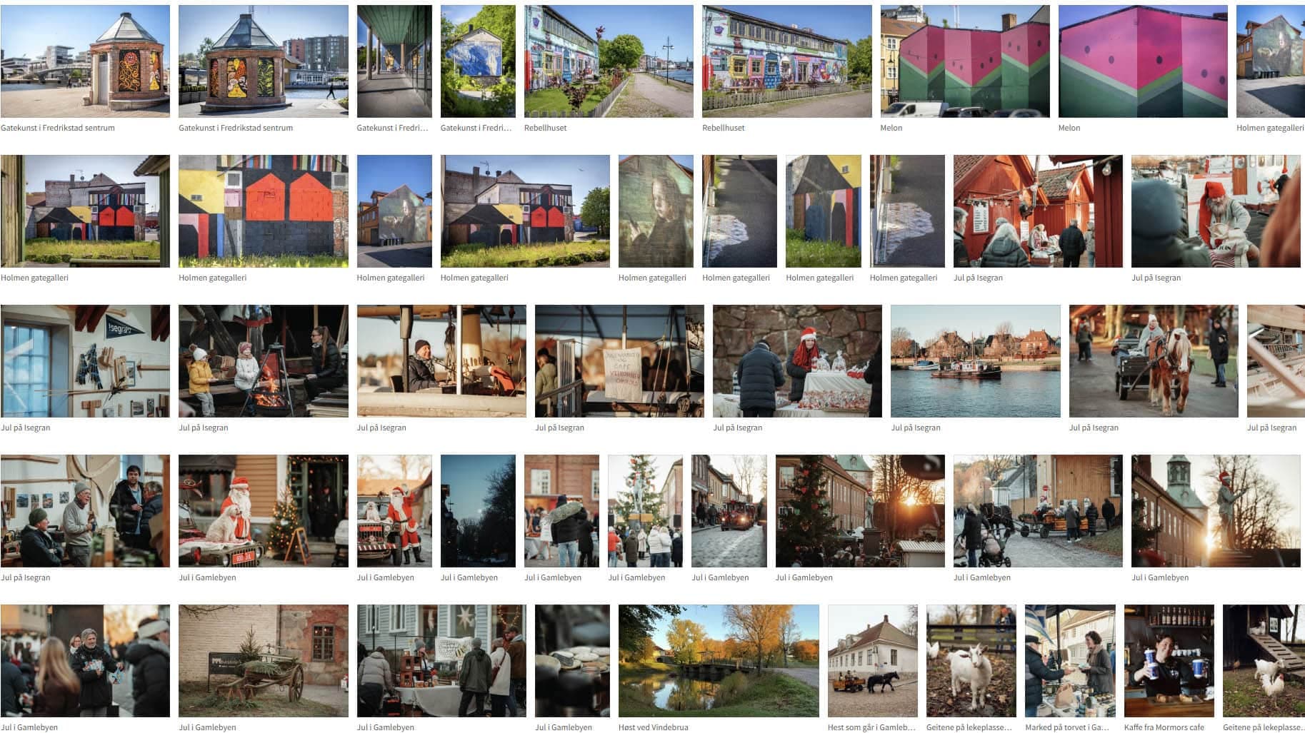 Skjermbilde fra bildebank med motiver fra gatekunst, julemarked og byliv i Fredrikstad.