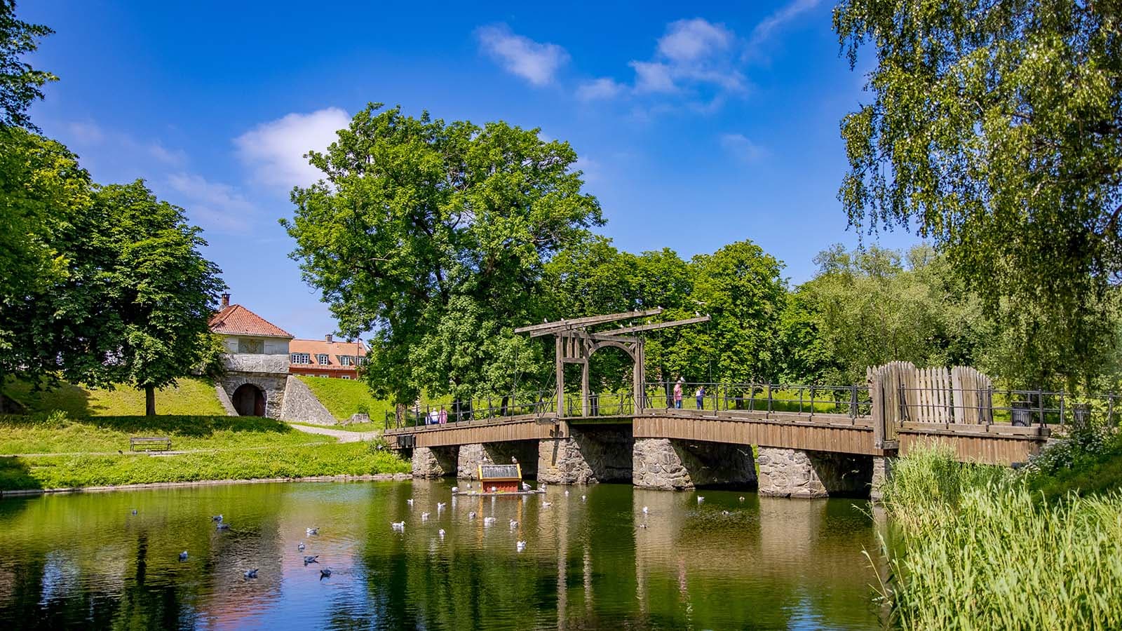 Vindebru over vollgraven i Gamlebyen i Fredrikstad, omgitt av grønne trær og historiske bygninger i bakgrunnen.